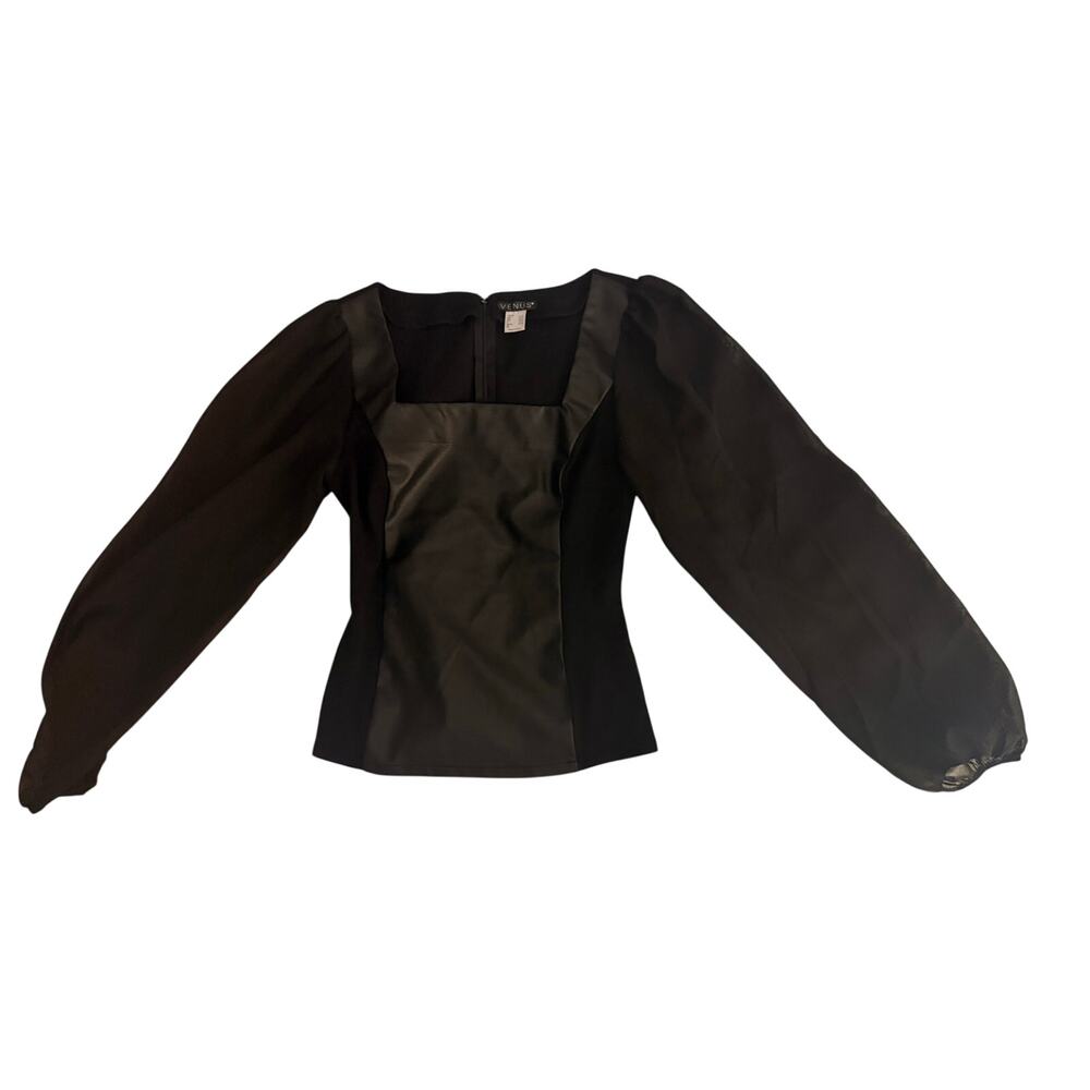 Venus Faux Leather Square Neck Mesh Sleeve Top